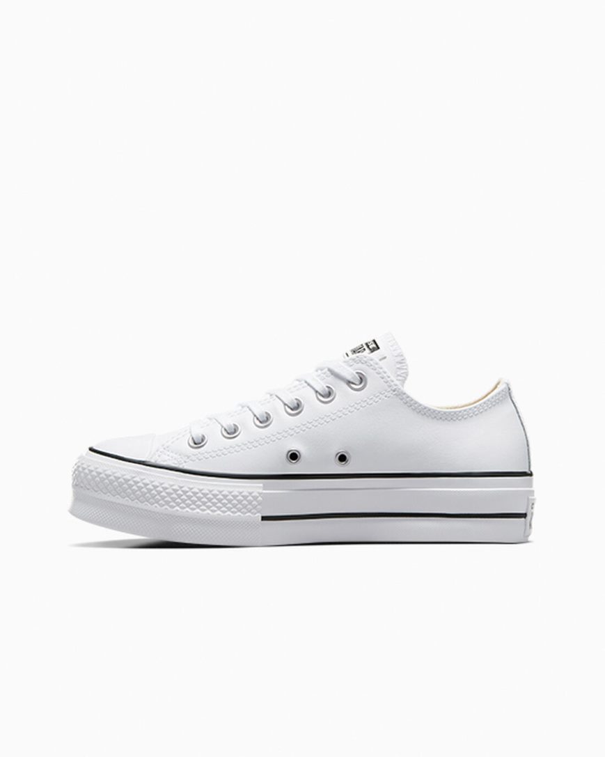 Pantofi Platforma Dama Converse Chuck Taylor All Star Lift Piele Low Top Albi Negrii Albi | RO P0JSH163